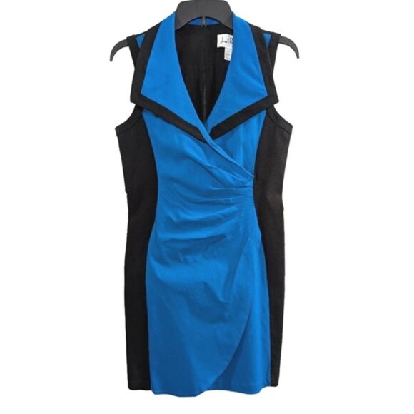 Joseph Ribkoff Black & Cobalt Blue faux wrap ruched stretch collar mini dress 10 - Picture 1 of 7